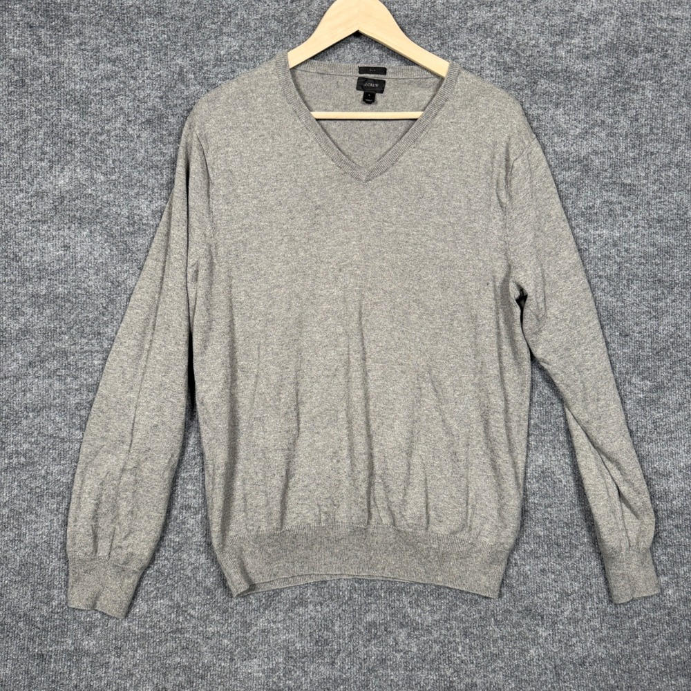 J. Crew Mens Large Sweater Gray Slim Fit Cotton Cashmere Preppy V Neck Pullover‎
